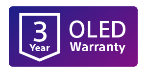 Violettes Logo, das das Bild eines Schilds mit dem Text „3 year OLED warranty“ (3 Jahre OLED-Garantie) enthält