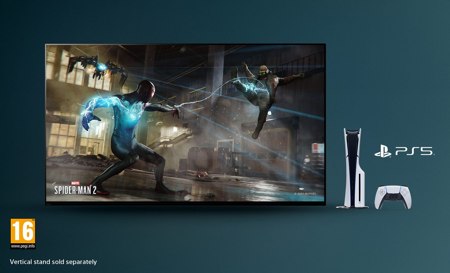 Fernseher mit Screenshot von Marvel SPIDER-MAN 2, PlayStation® 5-Konsole und -Controller auf der rechten Seite und PEGI 16-Logo unten links